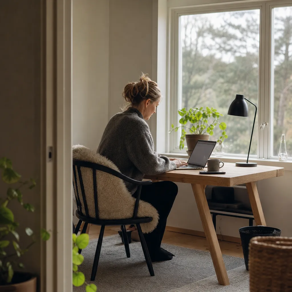 Hemmakontor med laptop och 5G-router vid fönster i skandinavisk miljö