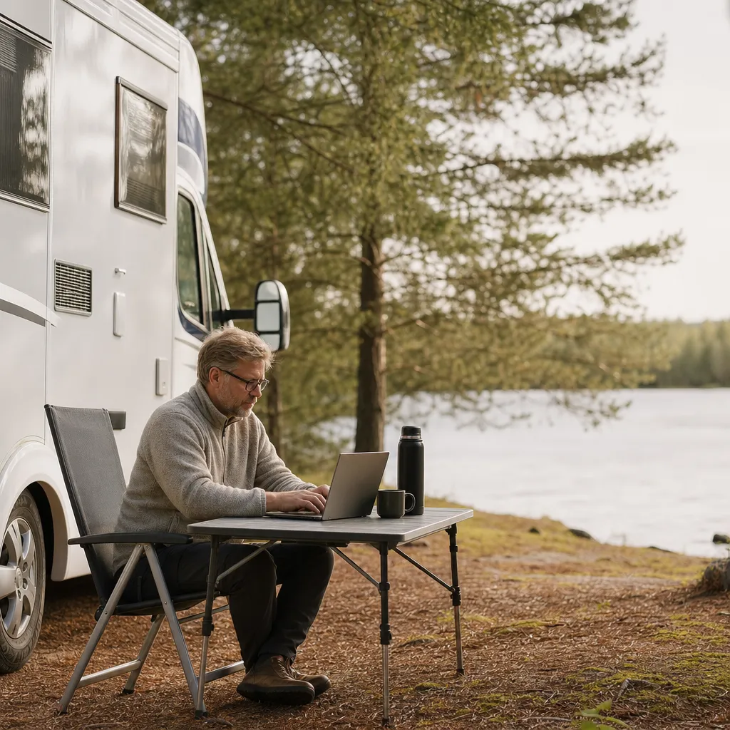 Husbil parkerad vid svensk sjö med person som surfar på mobilen