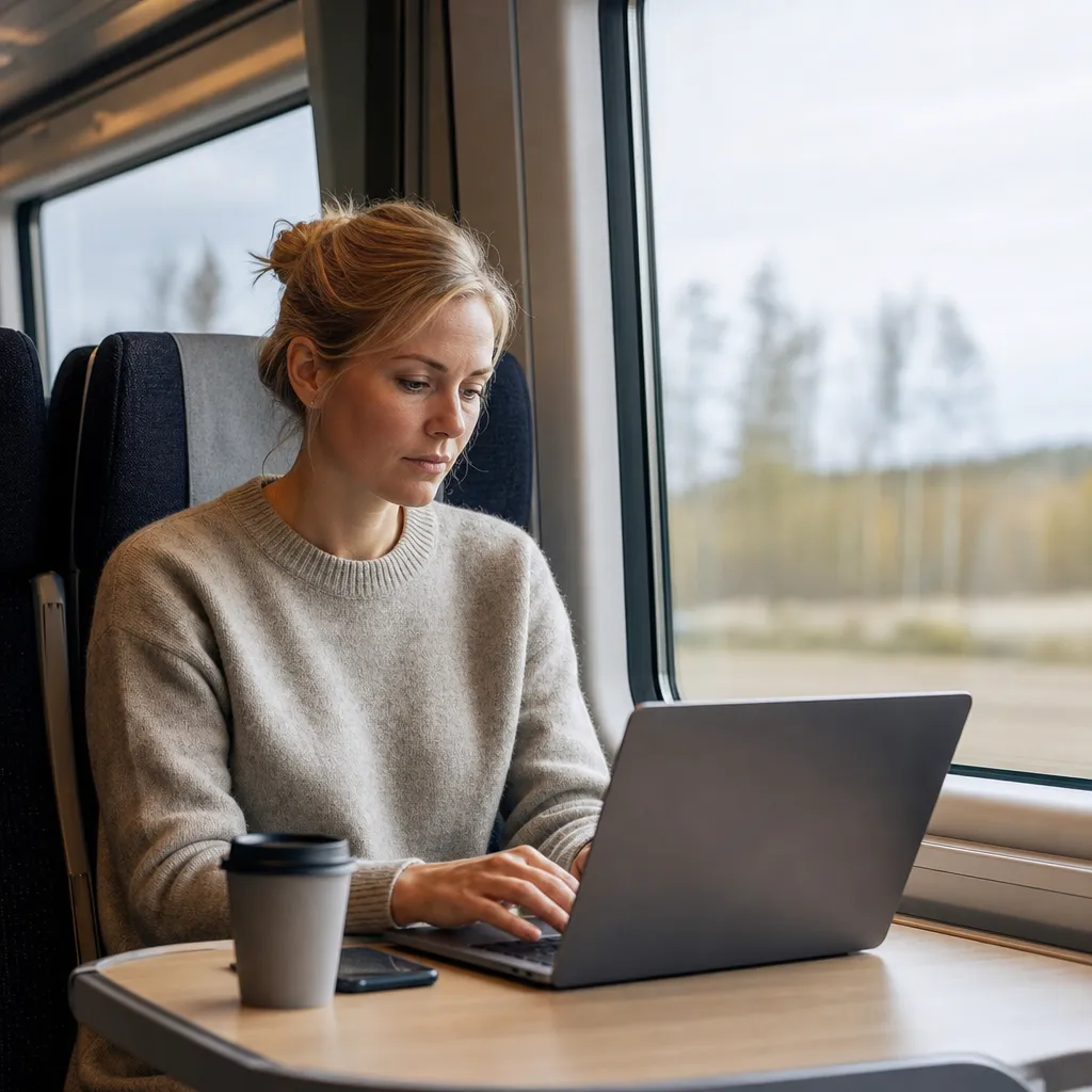 Person med hörlurar som surfar på tåg, skandinaviskt landskap utanför