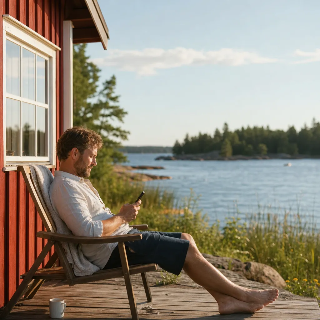 Sommarstuga med 5G-router i fönstret, grön svensk sommar