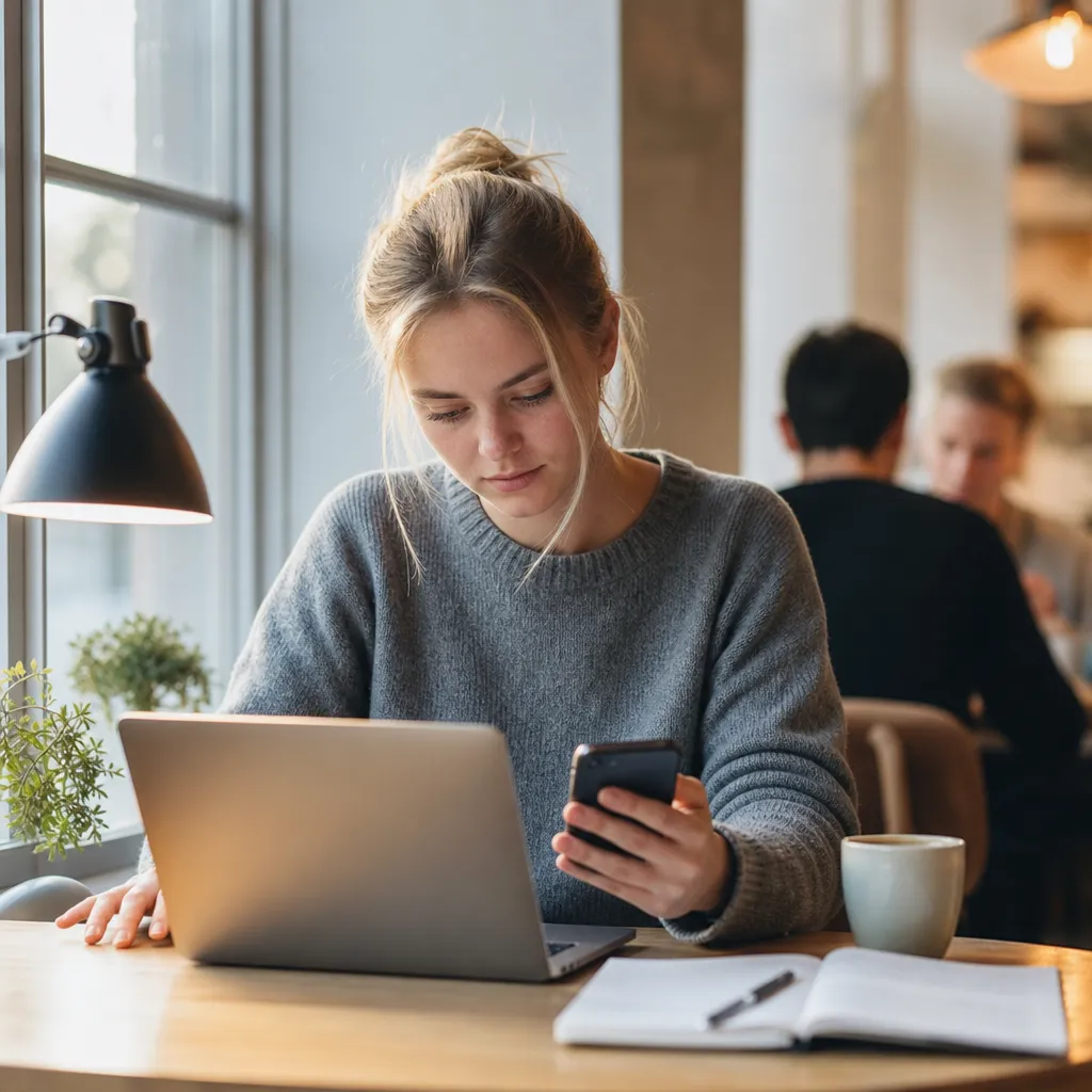 Student med laptop och smartphone i ljus universitetsmiljö
