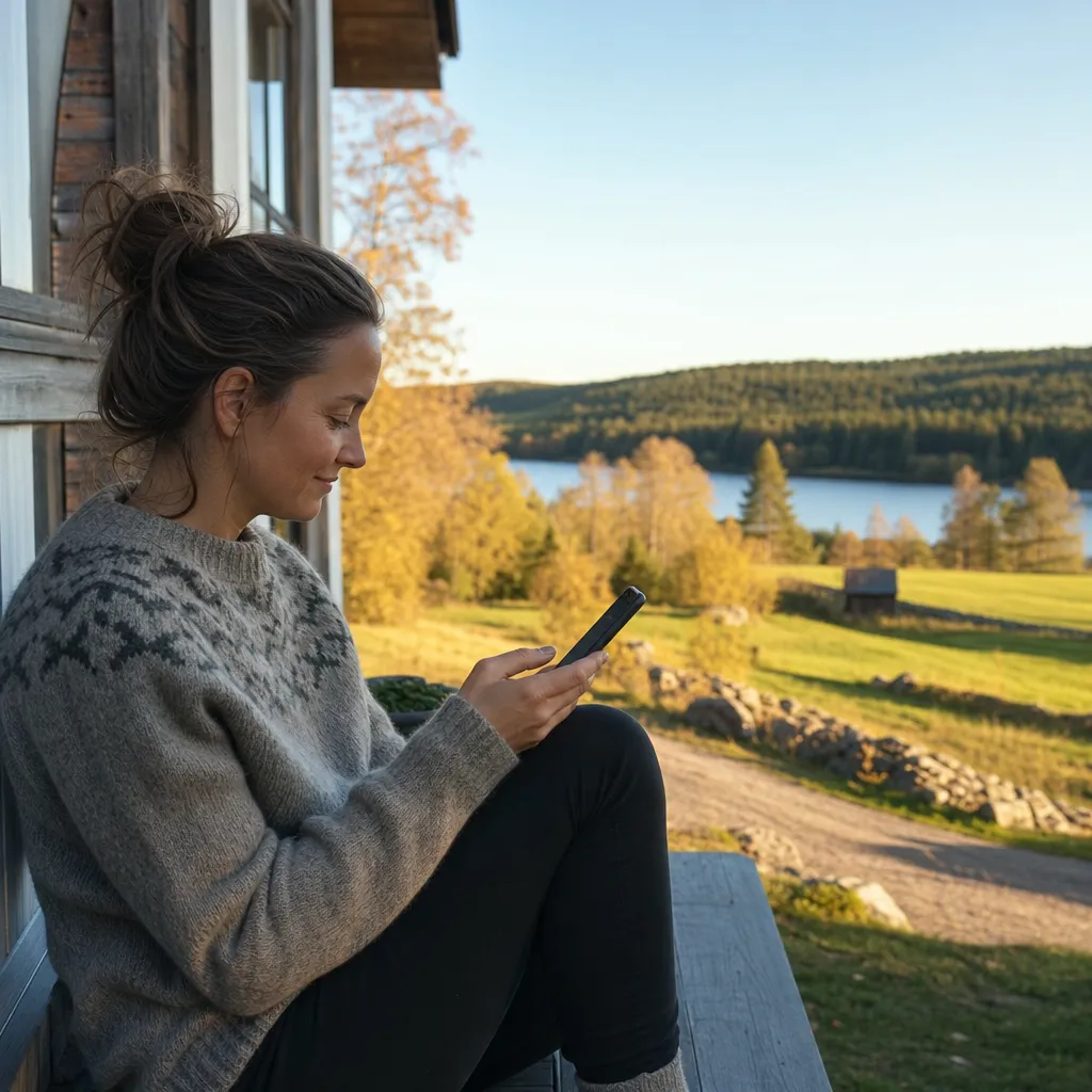 Mobiltelefon med 4G-symbol i lantlig svensk miljö