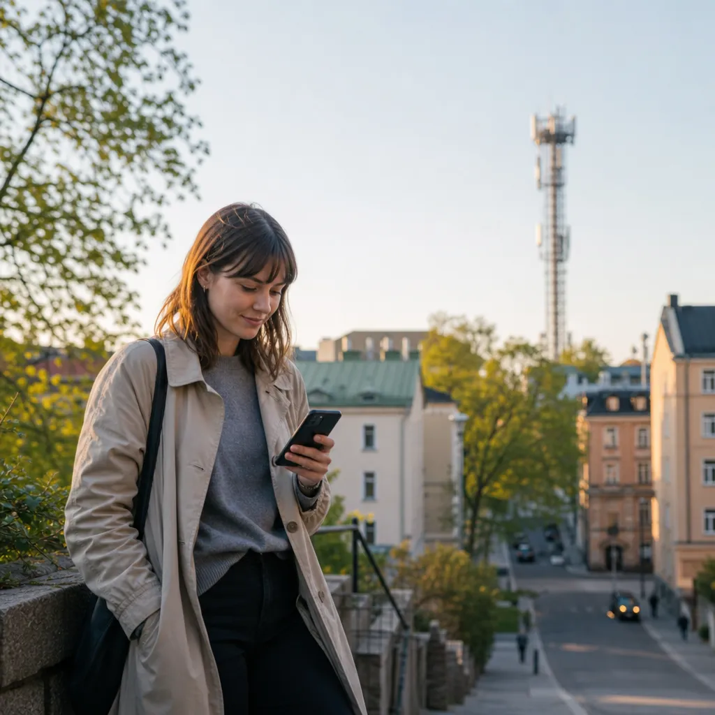 5G-mast i svenskt stadslandskap med mobiltelefon i förgrunden