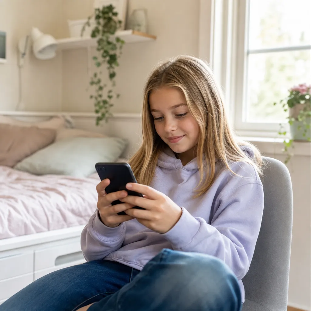 Barn med smartphone i ljus vardagsmiljö