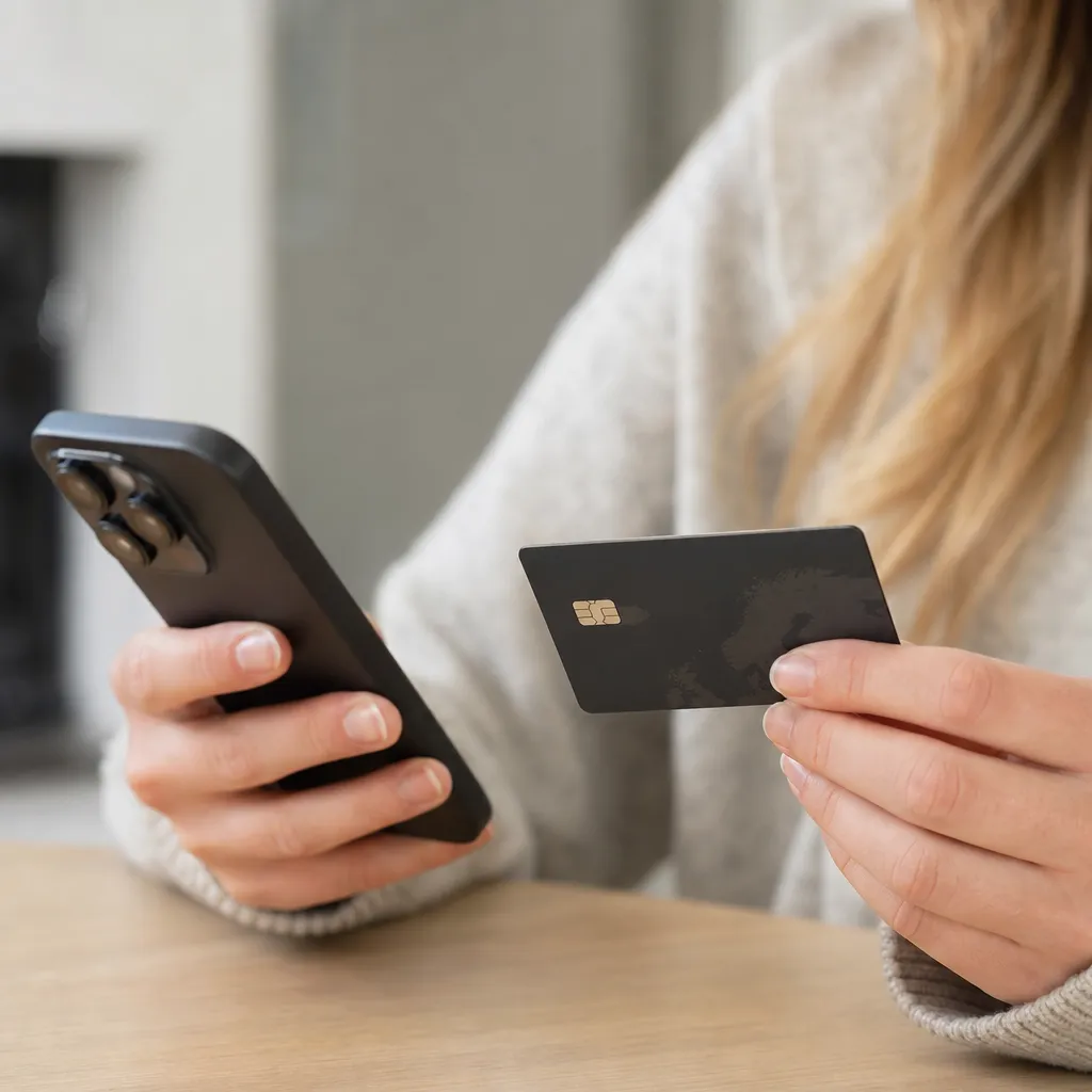 Händer som håller bankkort vid smartphone för kortbetalning