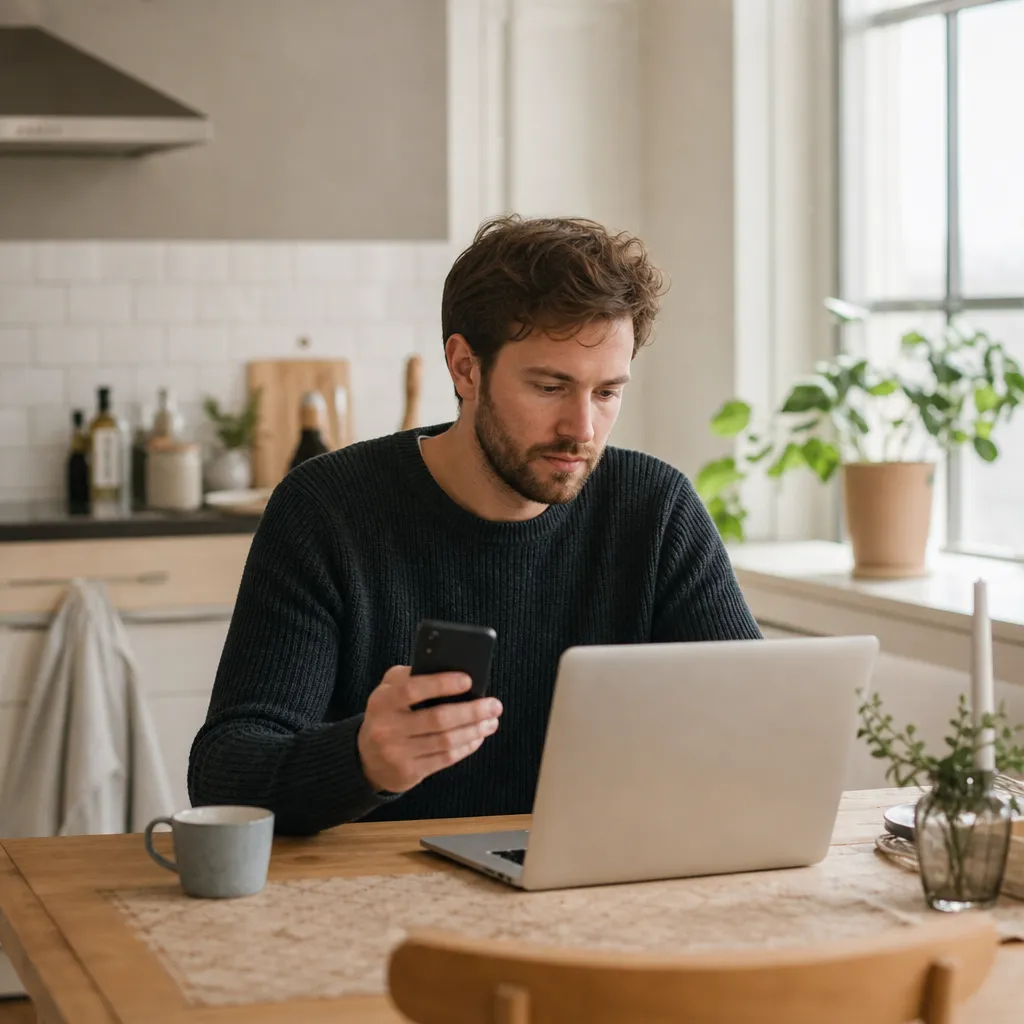 Person sitter vid köksbord och jämför mobilabonnemang på laptop och smartphone