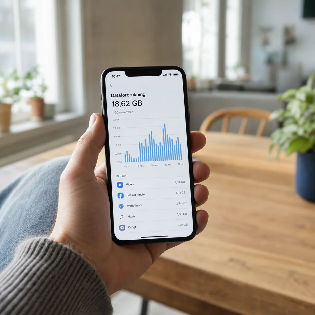 Smartphone som visar dataförbrukningsstatistik i vardagsmiljö