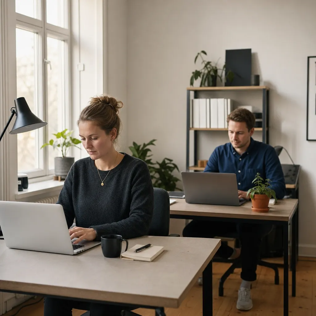 Kontorslandskap i skandinavisk stil med personer vid laptops