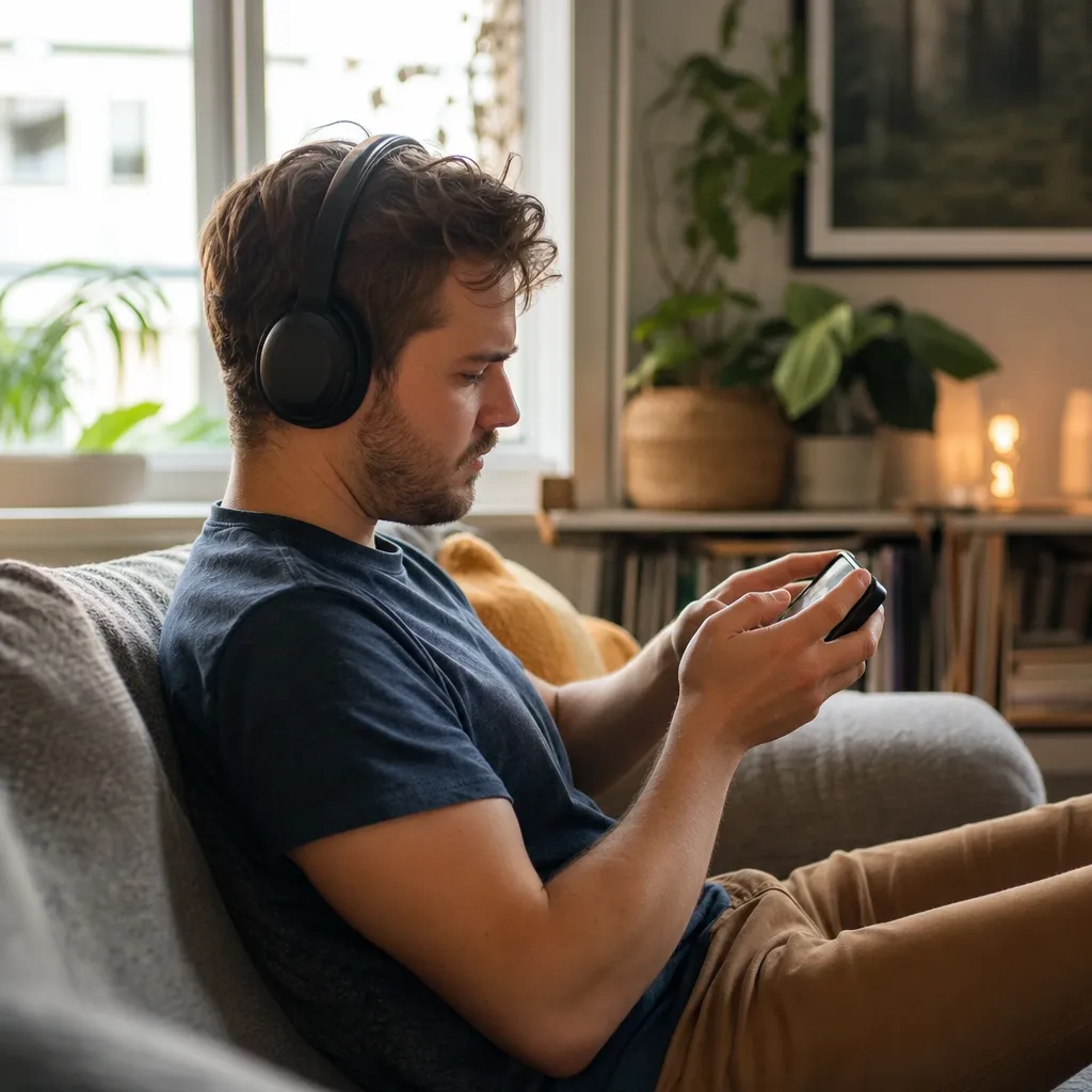 Person som spelar på dator i hemmakontor med 5G-router synlig