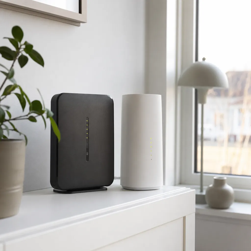 Fiberrouter och 5G-router sida vid sida i skandinavisk hemmiljö