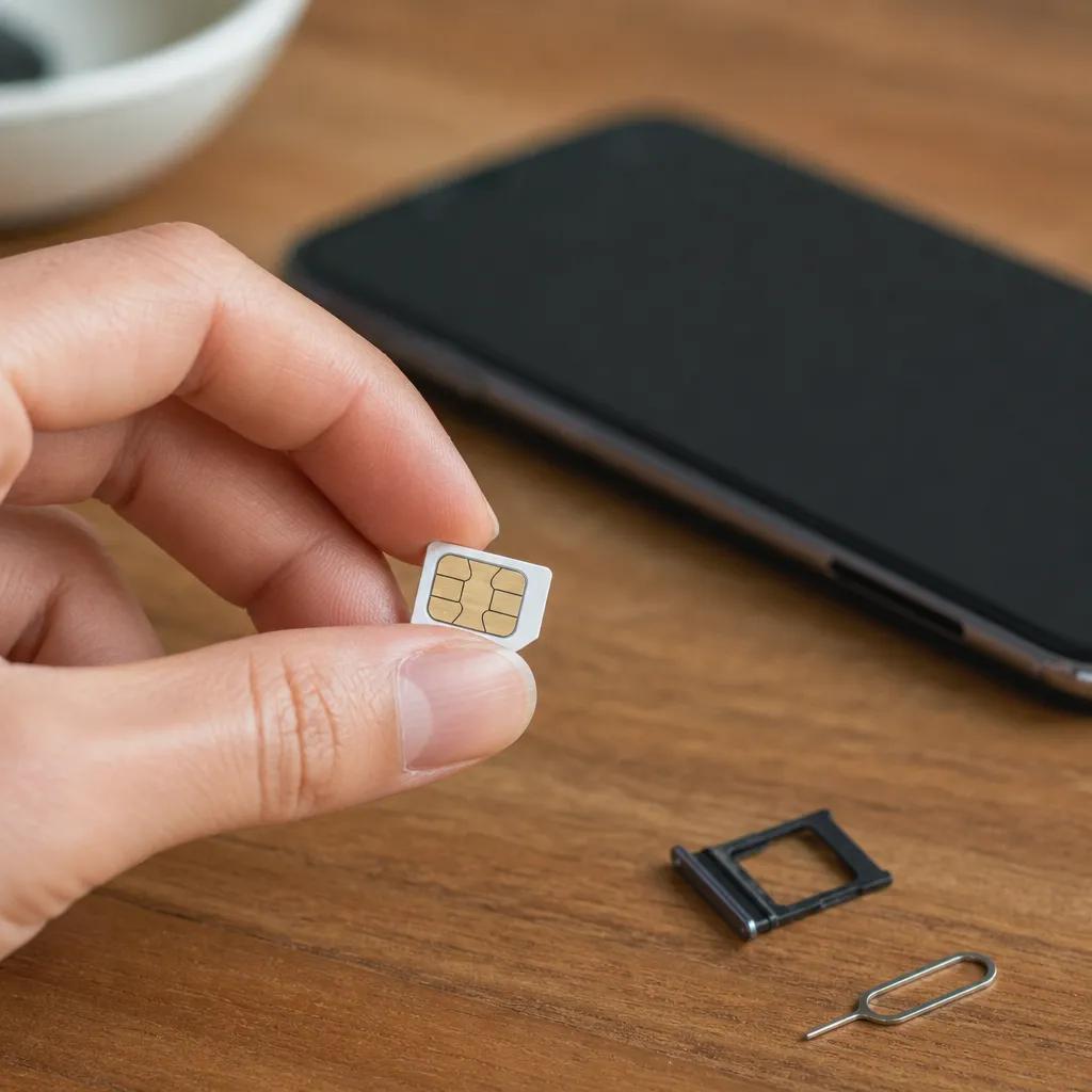 SIM-kort med obegränsad surf redo att sättas i en mobiltelefon