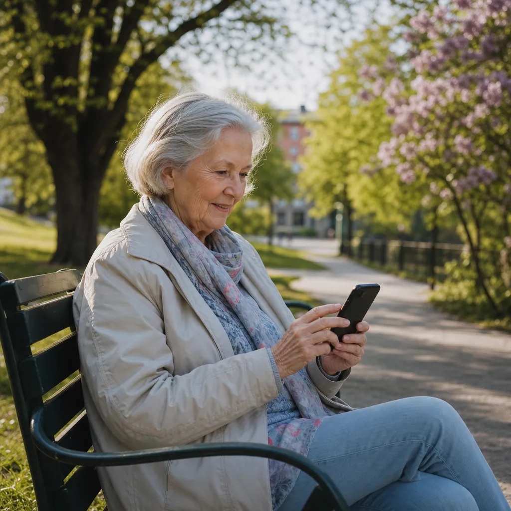 Äldre person med smartphone i ljus vardagsrumsmiljö