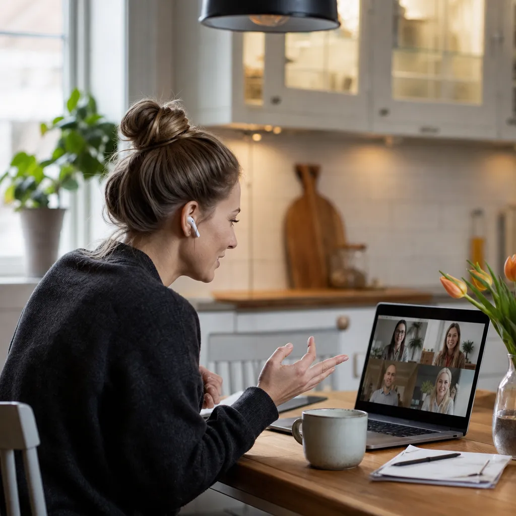 Person i videomöte framför laptop i skandinaviskt hemmakontor